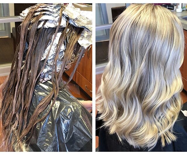 Trust the process...no matter how scary it looks 😬 My beautiful friend had developed some unwanted yellow tones since her last color. So I applied a toning gloss in between her foils to cool it down. While it processes it looks dark and purple, then