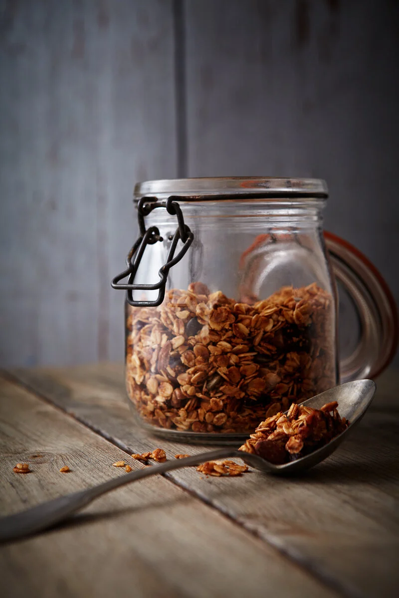 Food photography shoot from the Archives of food photographer and tabletop director Scott Grummett, who is based in London but works worldwide. The shot was part of a breakfast brunch series based on homemade granola, oats, grains, seeds to go with …