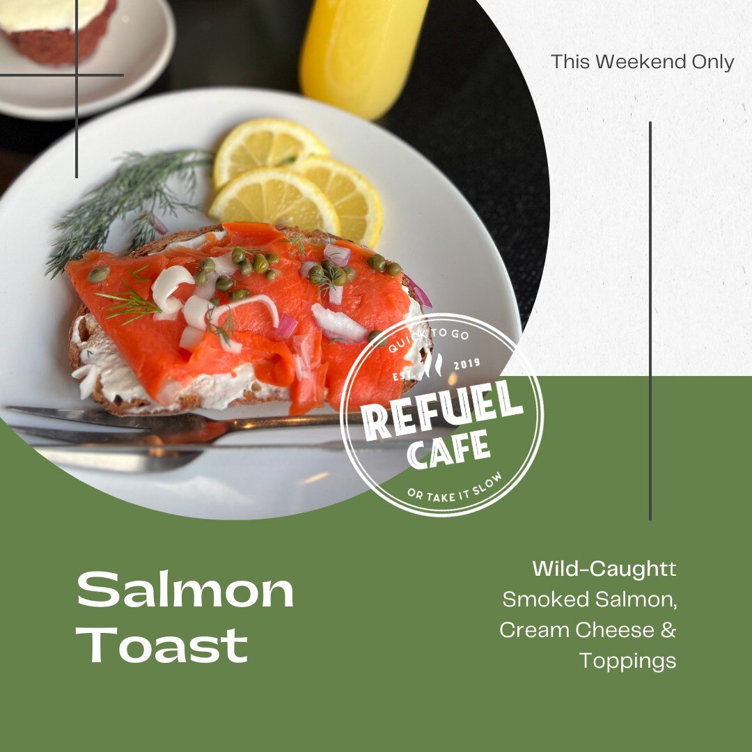 Refuel Cafe's popular salmon toast will be available this weekend Friday- Sunday July 21-23rd, or until it runs out!

Wild caught, cold smoked, Sockeye Salmon on Grand Central Como bread, with cream cheese spread and your choice of toppings including