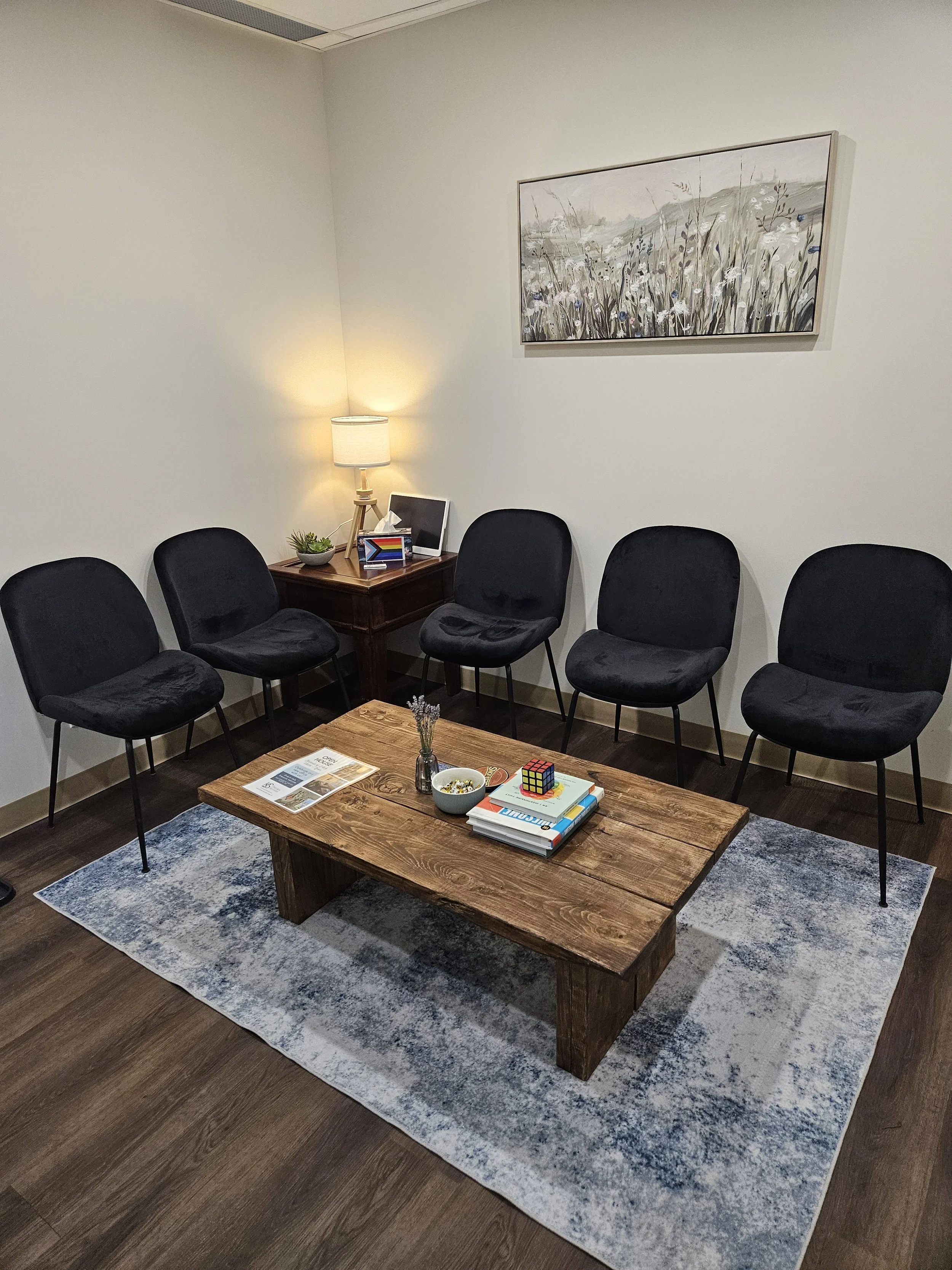 A waiting room with five black chairs around a rustic wooden coffee table, a blue and gray rug, a small side table with a lamp, plants, and books, and a framed painting of a nature scene on the wall.