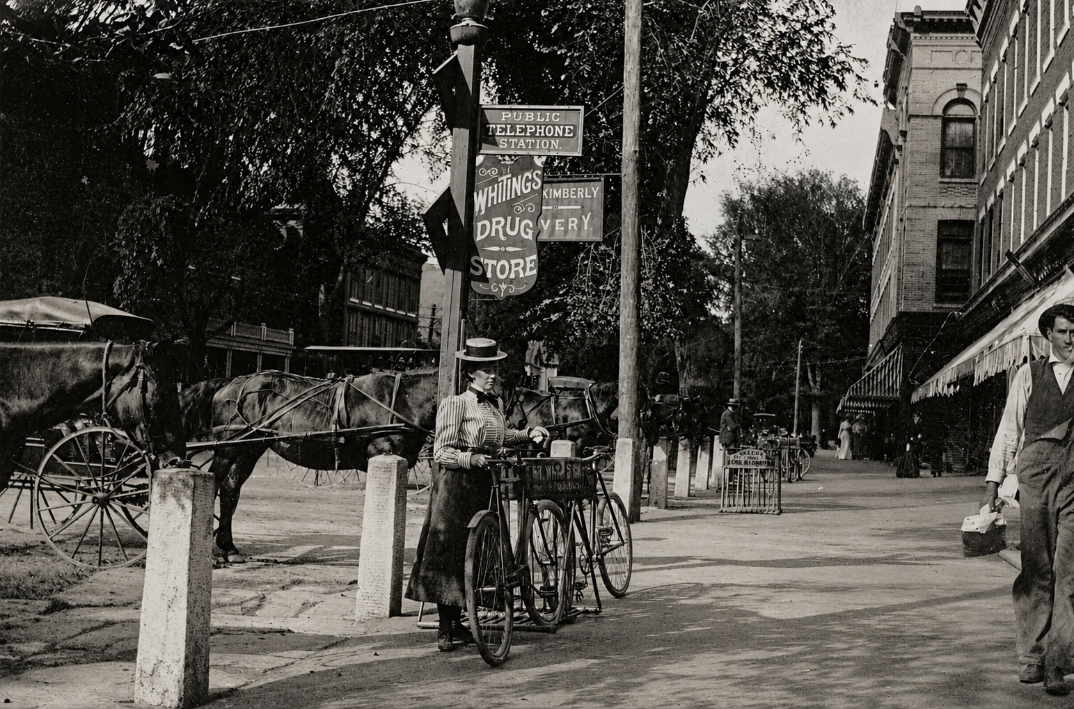 Main Street Great Barrington circa 1900 showing horse-drawn carriages, bicycles, and the F.T. Whiting Drug Store sign