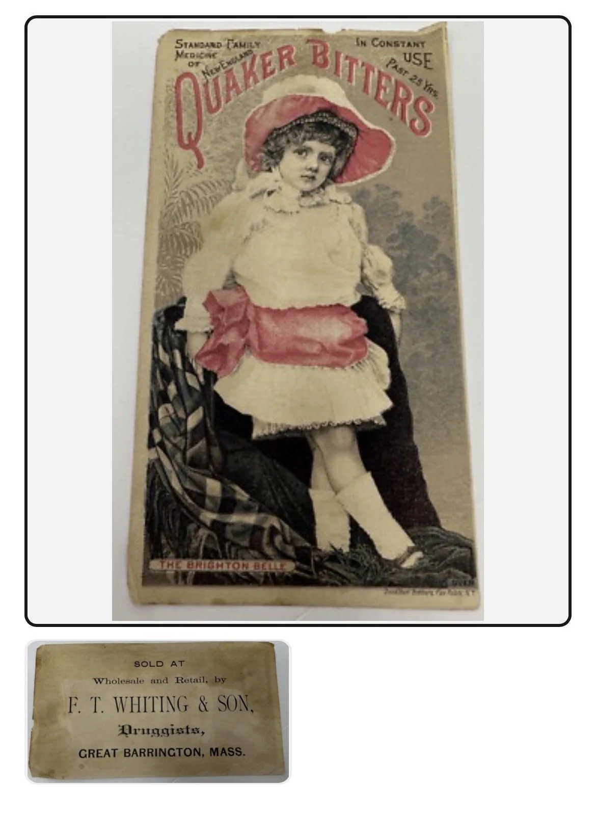 Historic Quaker Bitters trade card sold by F.T. Whiting & Son Apothecaries