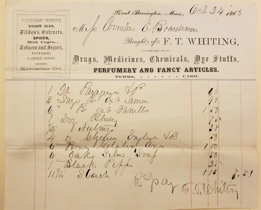 Original 1860 receipt from F.T. Whiting & Son Apothecary in Great Barrington Massachusetts