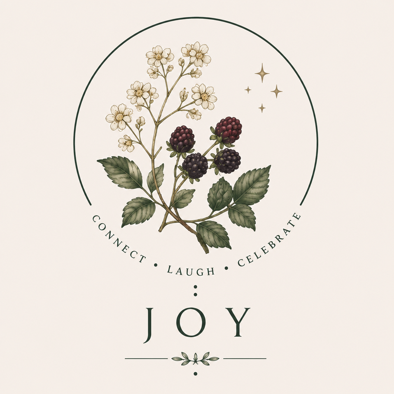 Illustration of a blackberry plant with blackberries and white flowers inside a circle. The words connect, laugh, celebrate and joy are written around the circle and word joy is below with decorative elements.