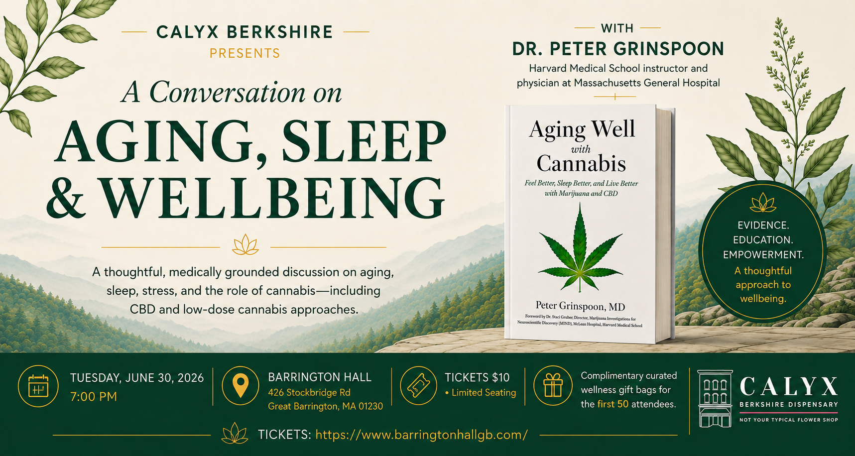 Event flyer for a discussion on aging, sleep, and wellbeing presented by Calyx Berkshire with Dr. Peter Grinspoon. The flyer features a book titled 'Aging Well with Cannabis' by Peter Grinspoon, with green leaves and mountains in the background. Details include date, time, location, ticket price, and a website link for tickets.