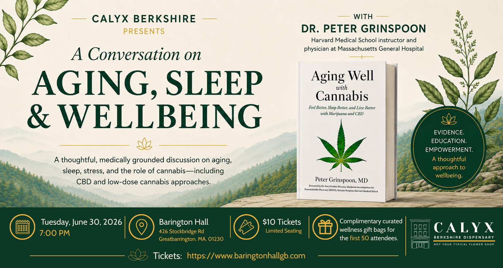 Dr. Peter Grinspoon cannabis wellness event at Calyx Berkshire discussing aging, sleep, stress, CBD, and wellbeing in Great Barrington, Massachusetts.