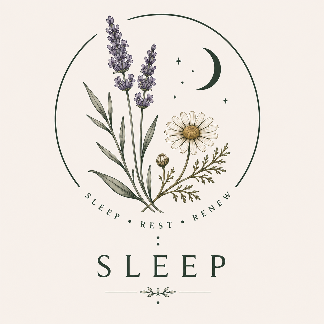 Illustration of lavender, chamomile, and greenery under a crescent moon and stars, with the words "Sleep, Rest, Renew" and the prominent word "Sleep" at the bottom.