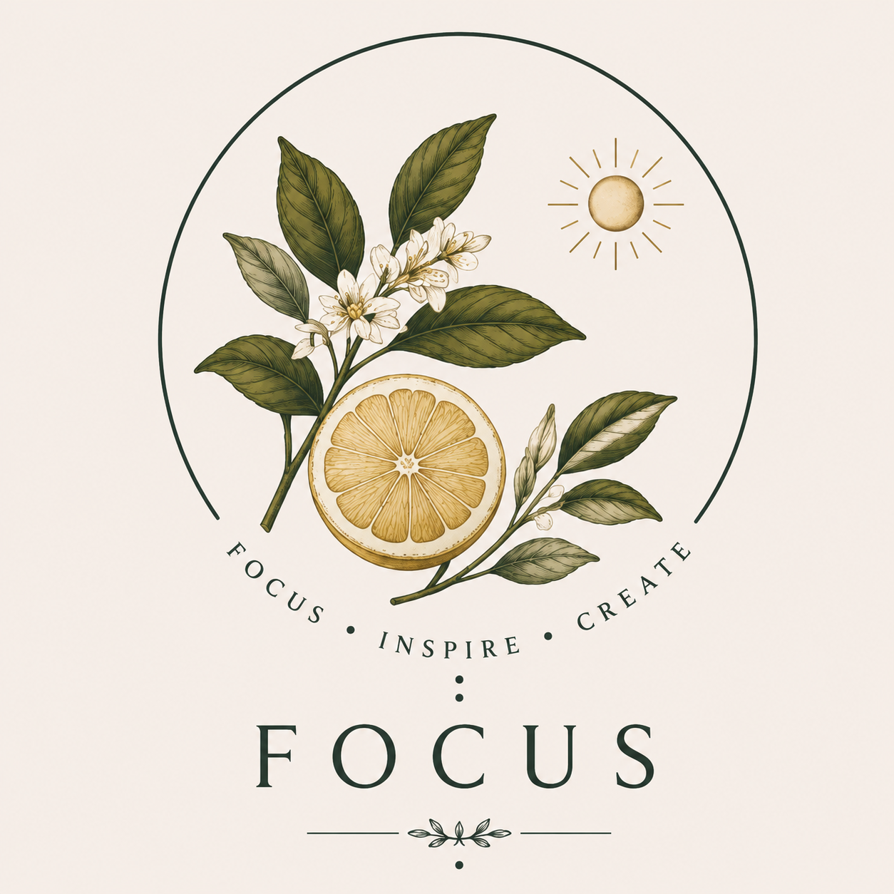 A botanical illustration with lemon slices, green leaves, and white flowers, encircled by the words "Focus, Inspire, Create," with a sun icon above, and the word "Focus" below.