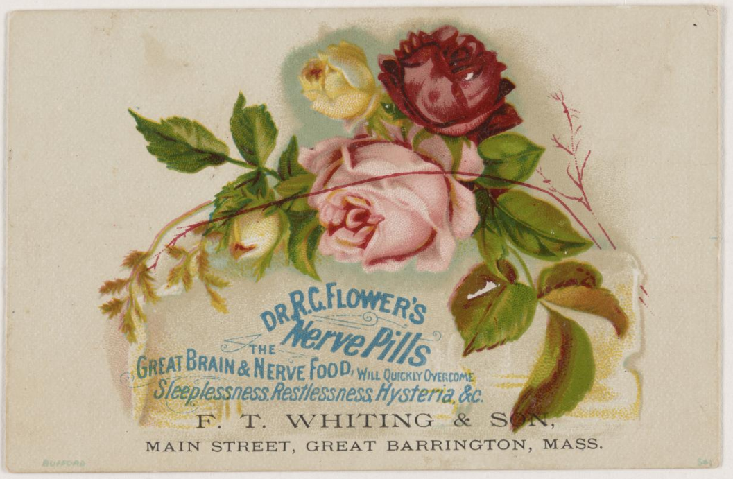 Victorian trade card distributed by F.T. Whiting & Son Apothecaries in Great Barrington