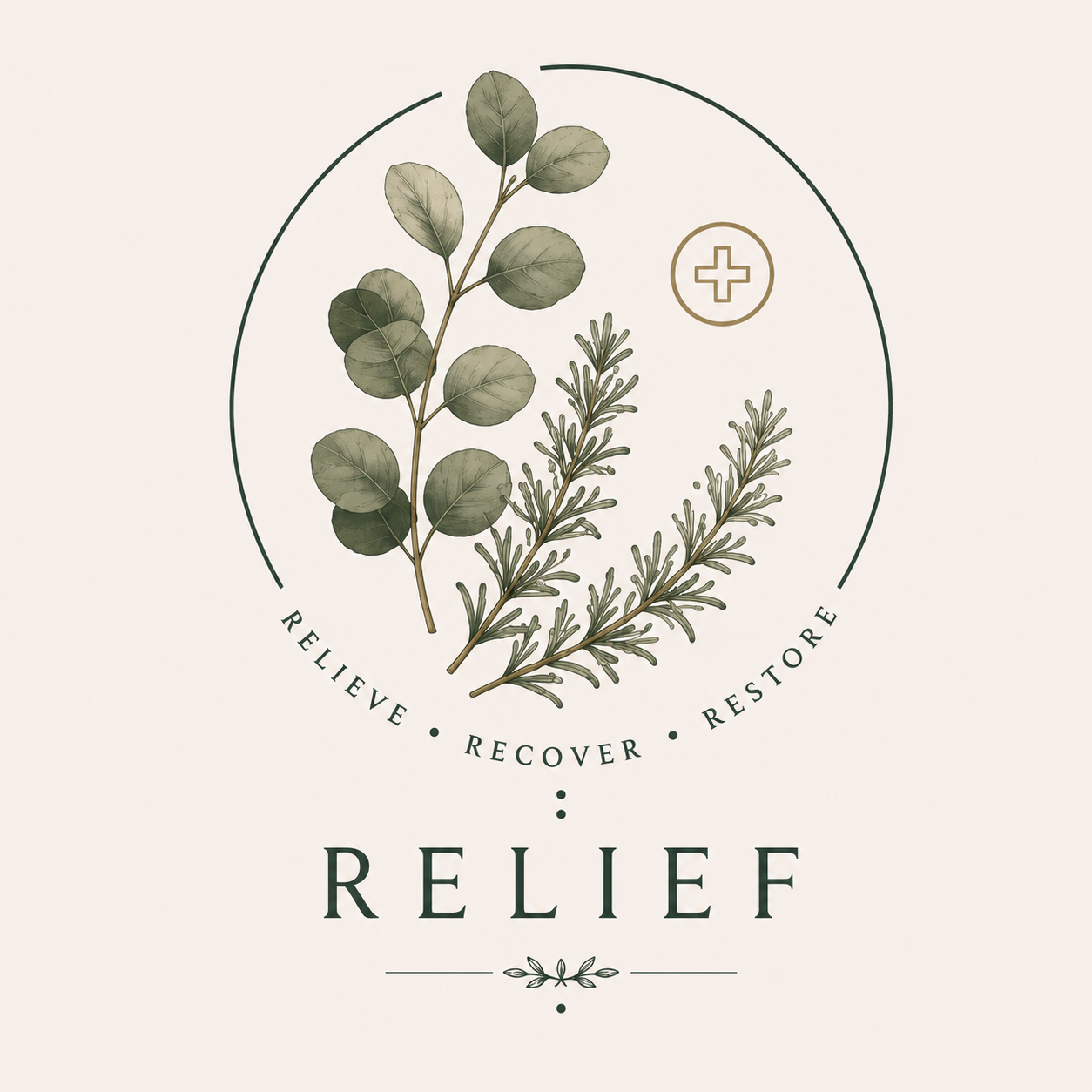 Illustration of eucalyptus and rosemary herbs surrounded by words: "Believe, Recover, Restore" and the word "Relief" at the bottom.