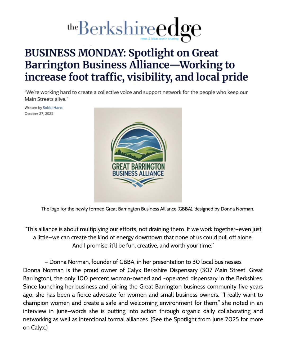 Great Barrington Business Alliance News article