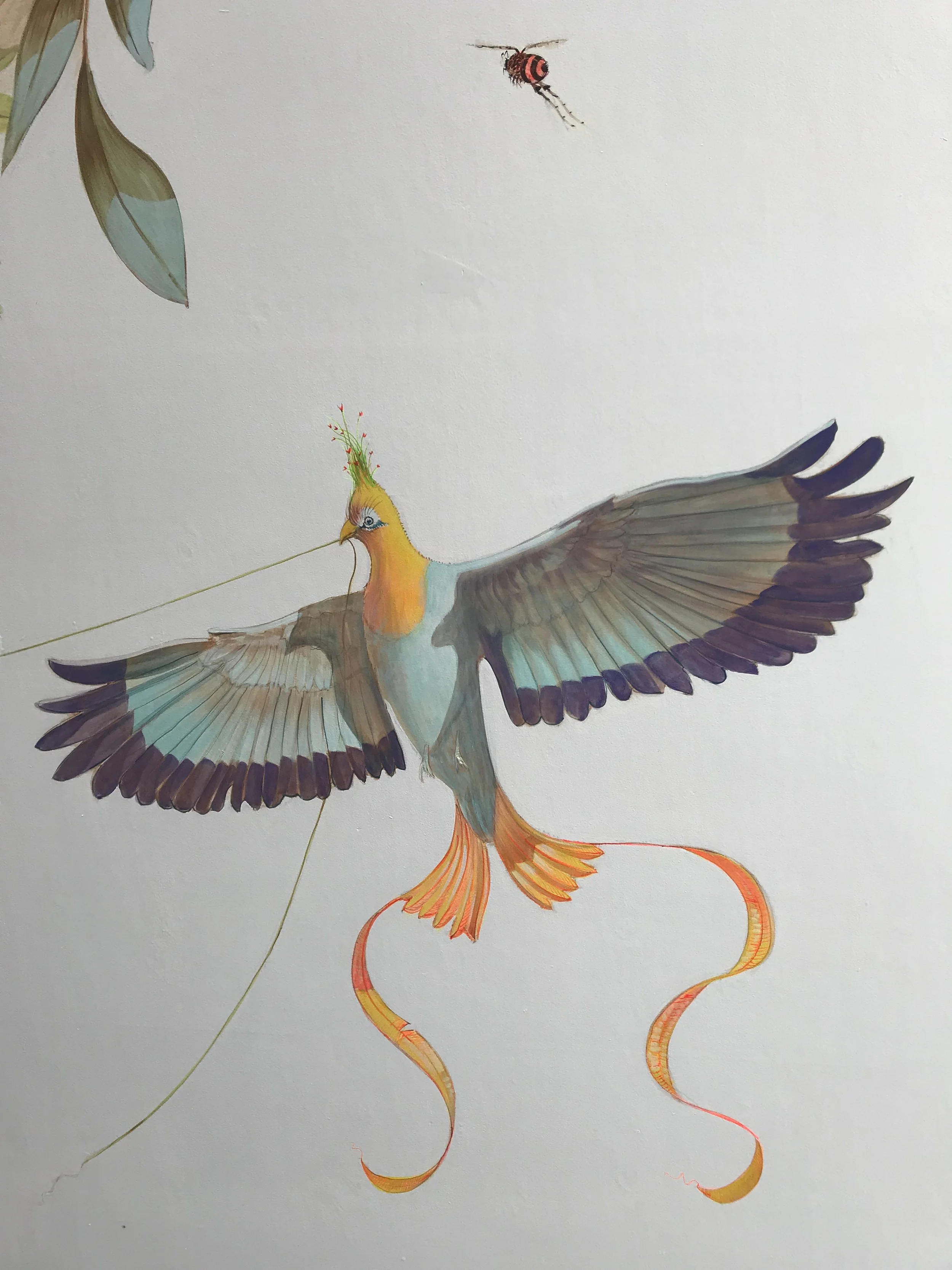 Botanical mural bird artwork at Calyx Berkshire in the Berkshires.