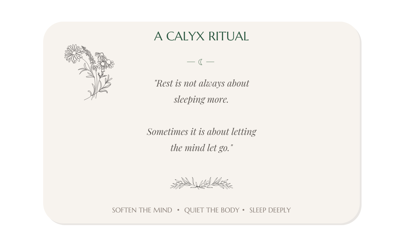 A calming, minimalist graphic with a quote about rest and relaxation, featuring a simple floral illustration, a crescent moon icon, and soft neutral colors.