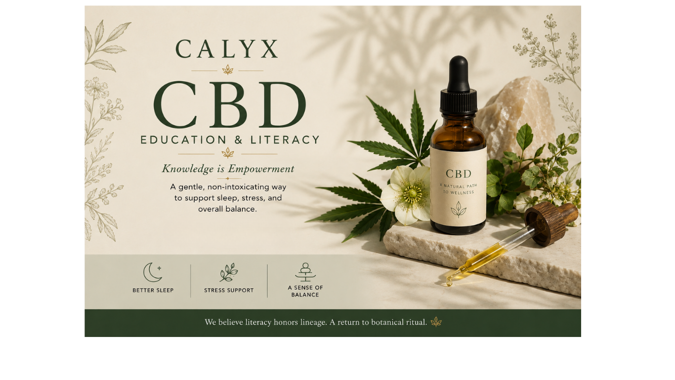 A promotional graphic for CALYX CBD featuring a bottle of CBD oil with a dropper, surrounded by cannabis leaves and herbal plants on a stone surface, with a light beige background and botanical illustrations.