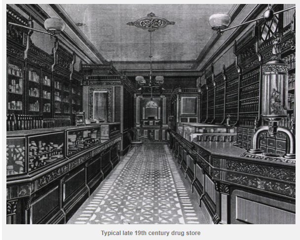 Typical late nineteenth century American apothecary interior showing medicine cabinets and pharmacy counters