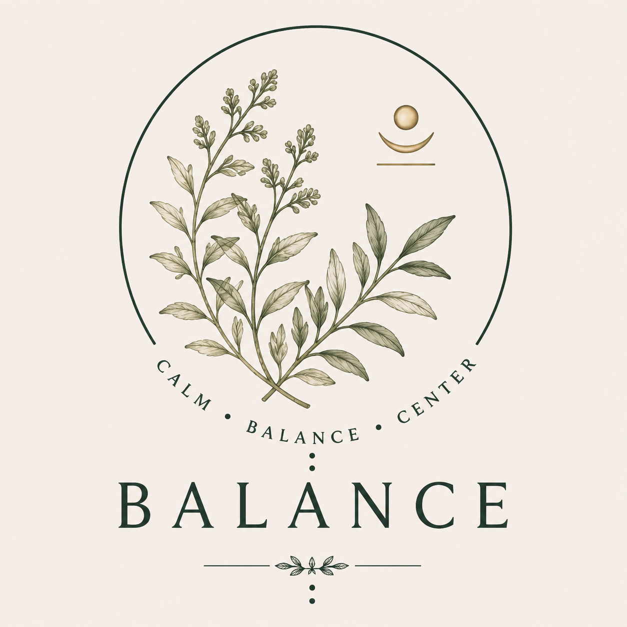 Logo for Balance featuring a botanical illustration, circle, and text saying "Calm, Balance, Center," with the word "Balance" prominently displayed in the center.