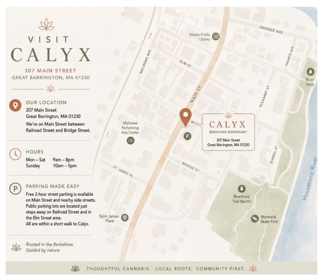 Map of Calyx Berkshire dispensary at 307 Main Street in downtown Great Barrington MA