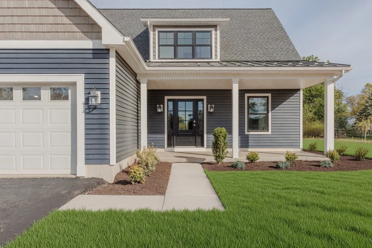 Front view of a modern suburban house with grey siding, black front door, and a small covered porch with white support columns, surrounded by a green lawn and landscaped bushes.