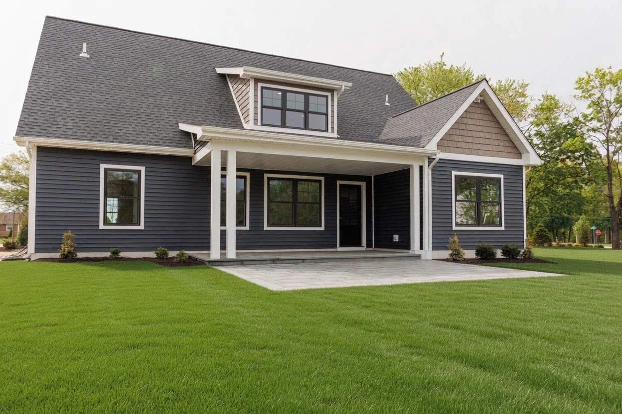 A modern two-story house with dark blue siding, white trim, large windows, and a covered porch, situated on a green lawn with scattered small bushes and trees in the background.