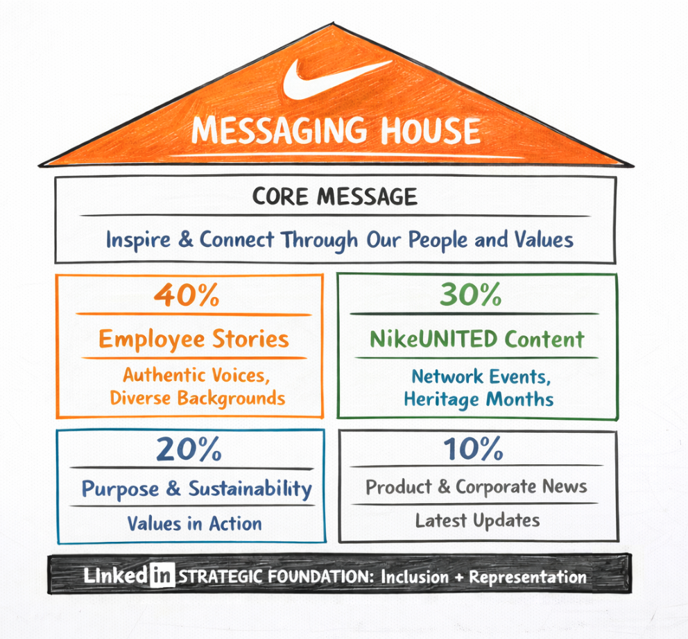 Sr. Content Strategist Charles Dye's Nike LinkedIn Messaging House framework with Pillars: 40% Employee Stories, 30% NikeUNITED Content, 20% Purpose & Sustainability, 10% Product & Corporate News.