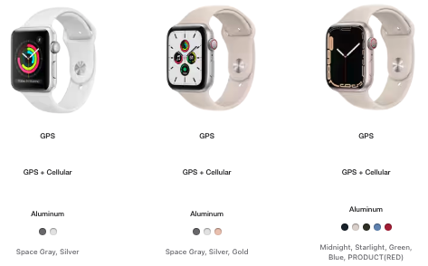 Three Apple Watch models comparing GPS vs Cellular, aluminum case options, and available colors.