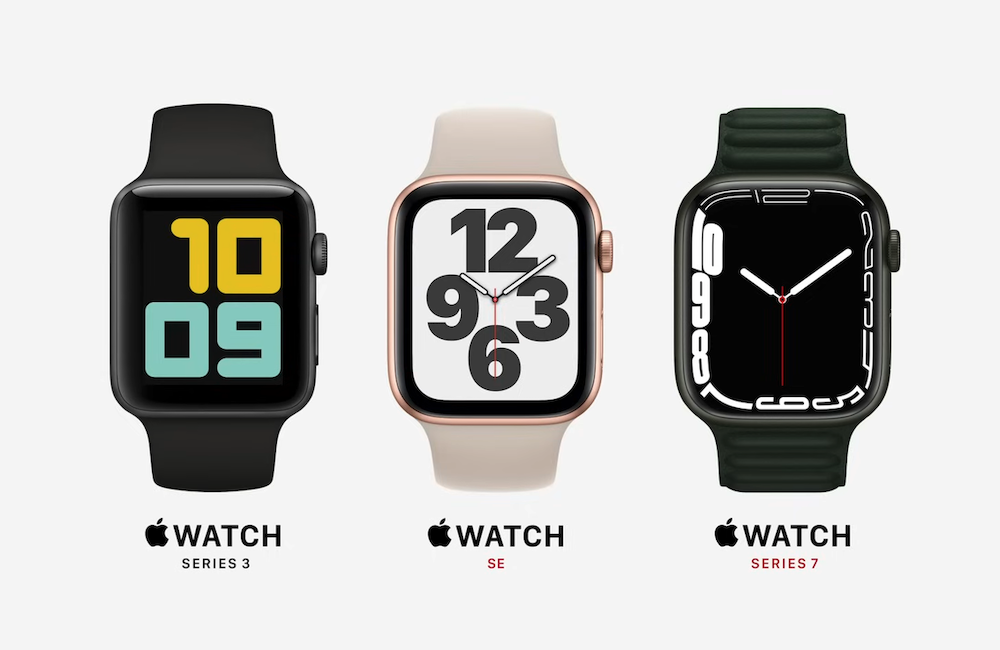 Apple Watch Series 3, SE, and Series 7 side-by-side comparison in black, rose gold, and dark green models with distinct watch faces and band styles.