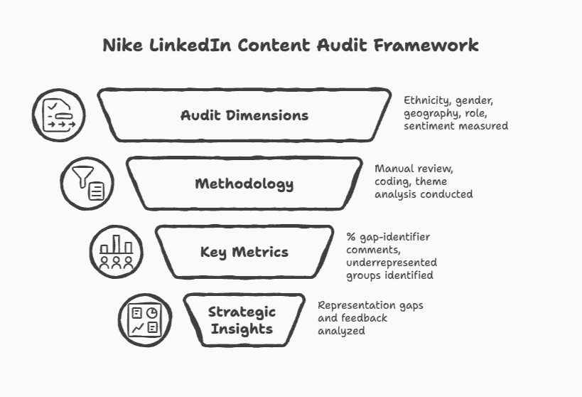 Sr. Content Strategist Charles Dye's Nike LinkedIn Content Audit Framework showing four stages: Audit Dimensions, Methodology, Key Metrics, and Strategic Insights.