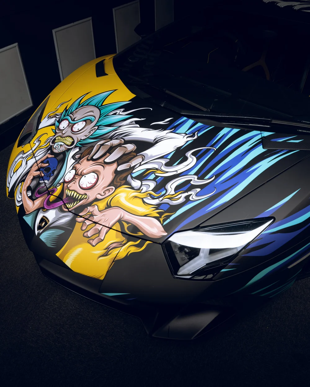 Rick and Morty custom wrap on Lamborghini Aventador SV