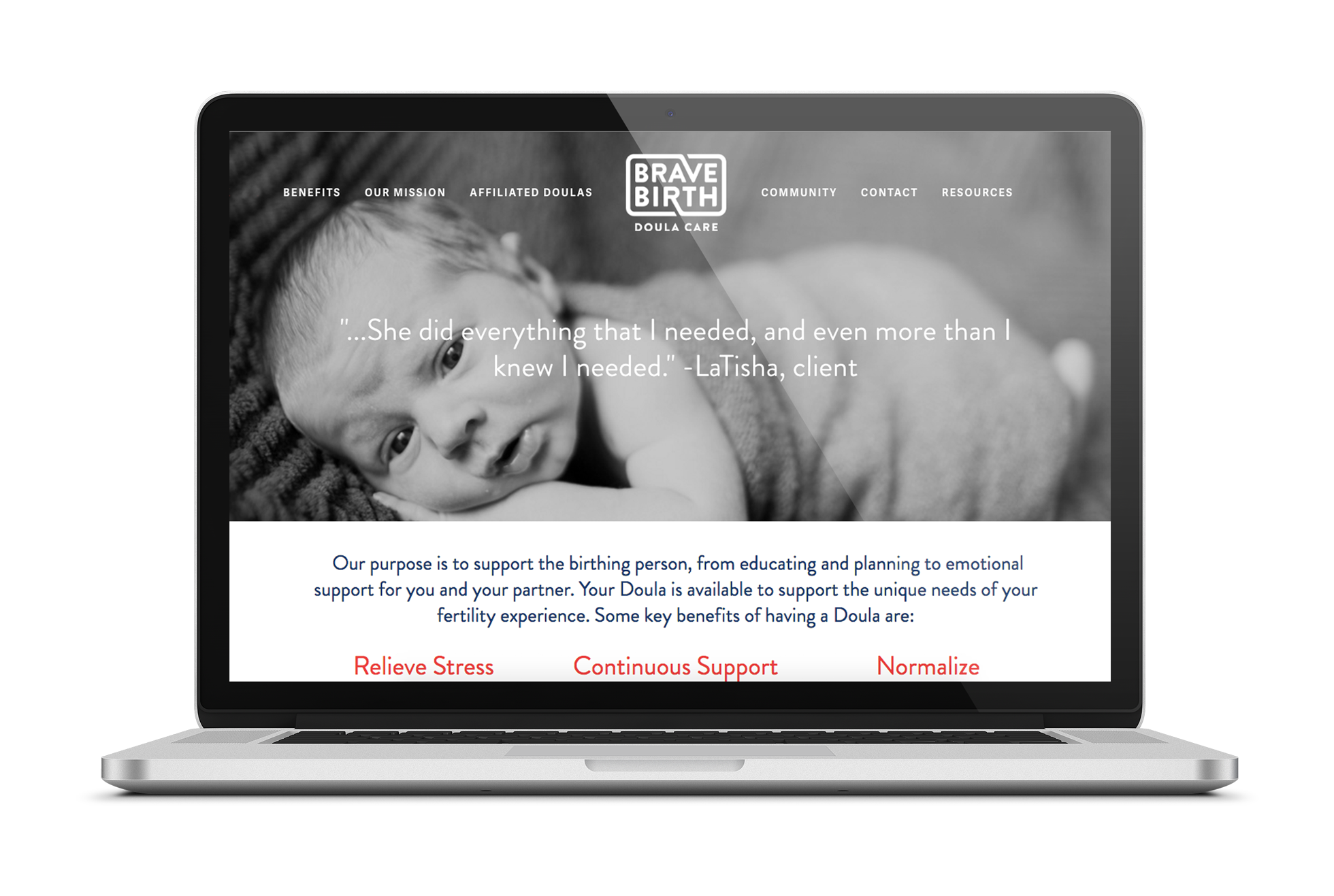The initial website layout had an emphasis on showing black &amp; white photographs of newborn babies.