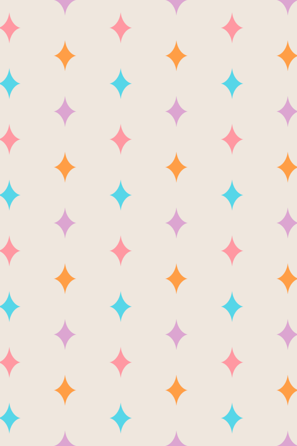 Pattern of colorful, star-shaped sparkles in pink, purple, blue, and orange on a light beige background.