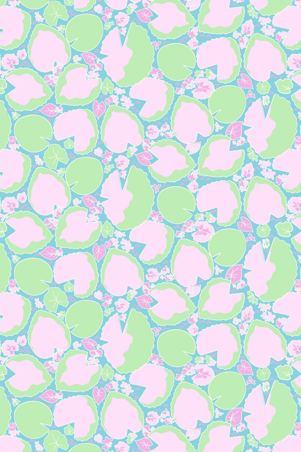 Pattern with pink apples, green leaves, and blue background.