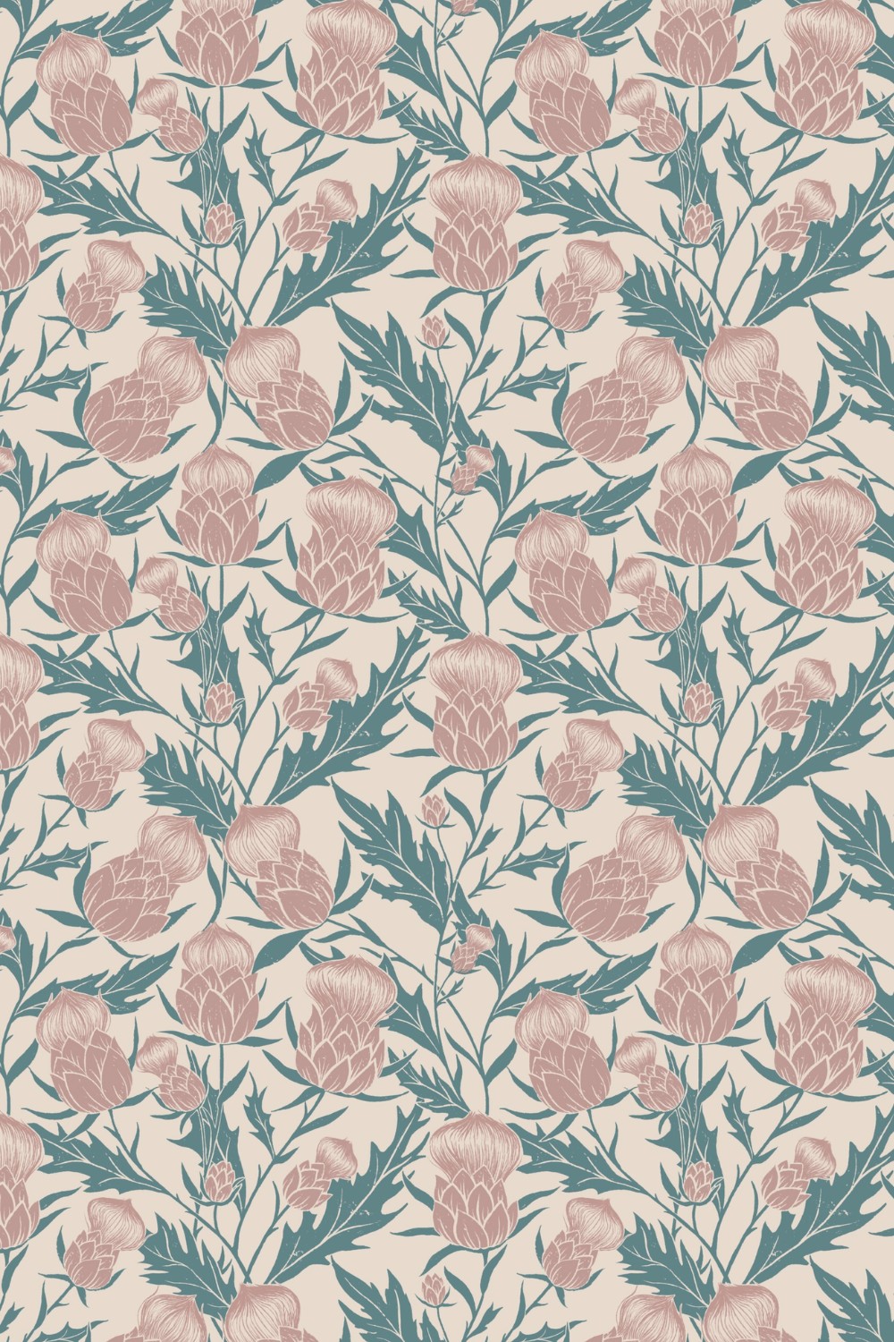 A seamless floral pattern with stylized pink protea flowers and blue-green leaves on a light beige background.