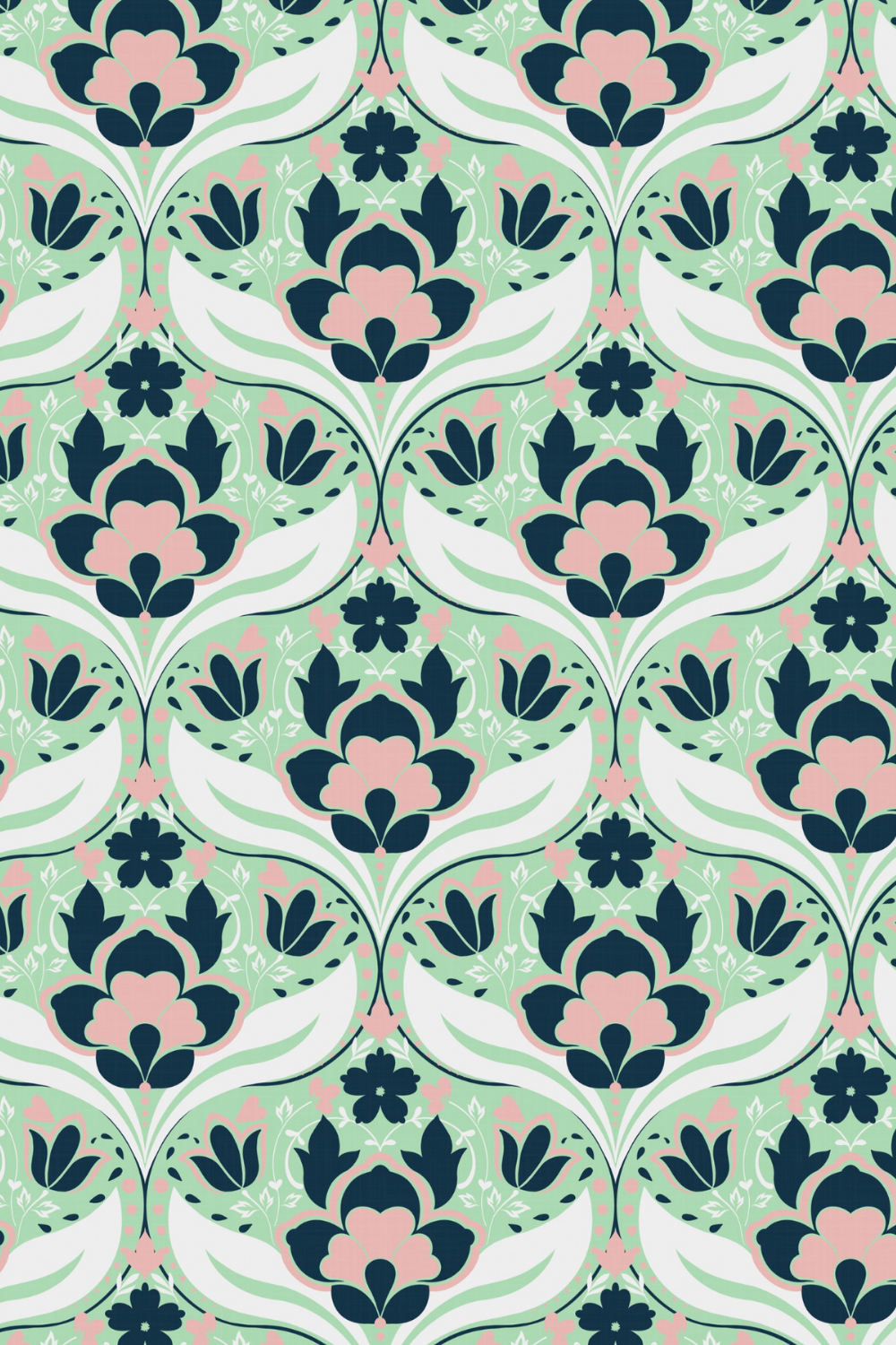 A repeating floral pattern with pink and navy flowers, green leaves, and white curved shapes on a light green background.