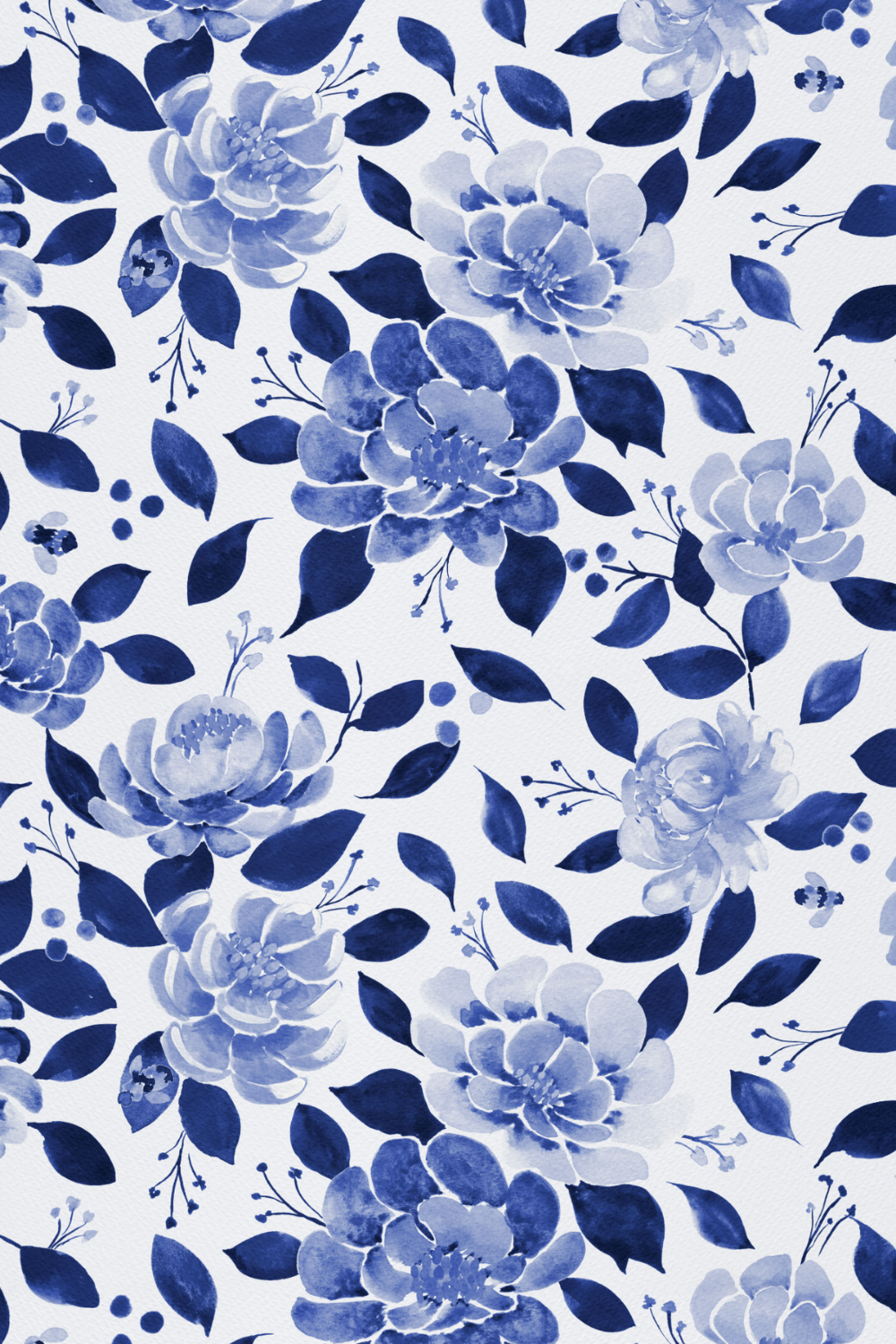 A pattern of blue watercolor flowers and leaves on a white background