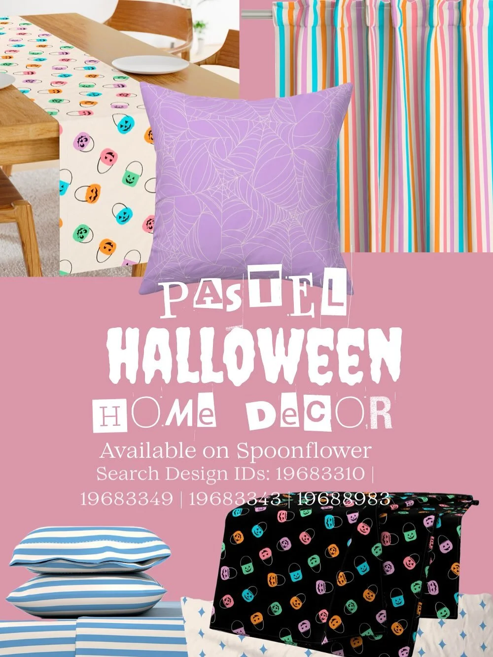 A cute Halloween home decor feature of some of the products available on @spoonflower 

Personally the tablescape has my heart and once we start decorating more for kiddo, I will have to deck out the dining room 🎃

Dining room - table decor - table 