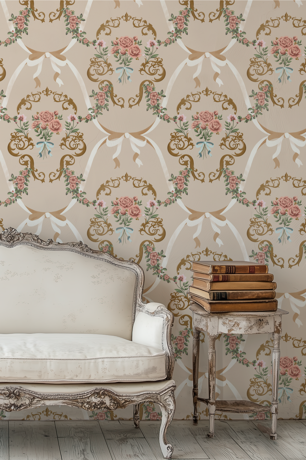 Vintage white sofa and table with books in front of a floral wallpaper.
