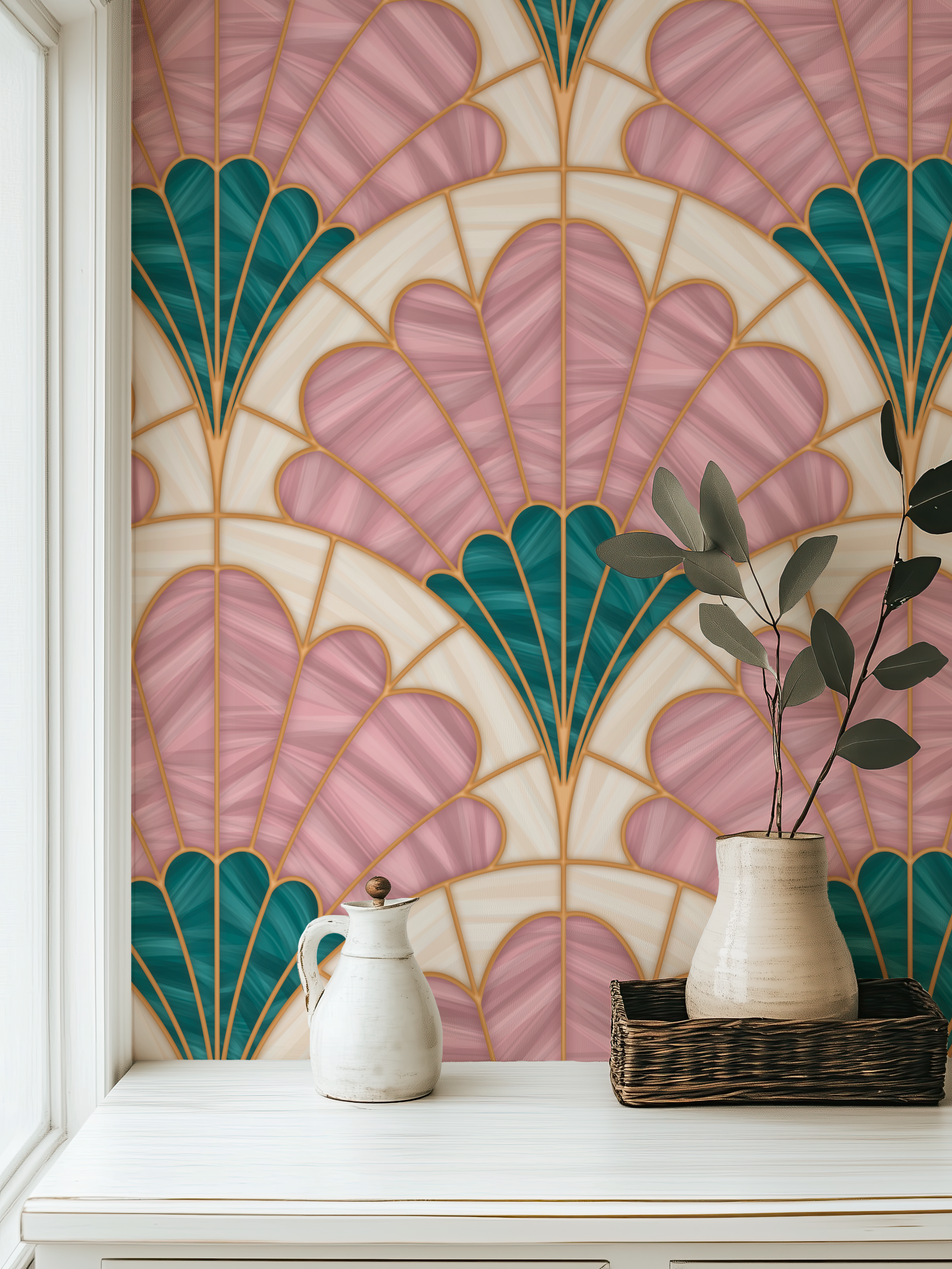 White countertop with two white vases and a black basket, set against a colorful fan-shaped wall art with pink, teal, and cream sections and gold outlines.