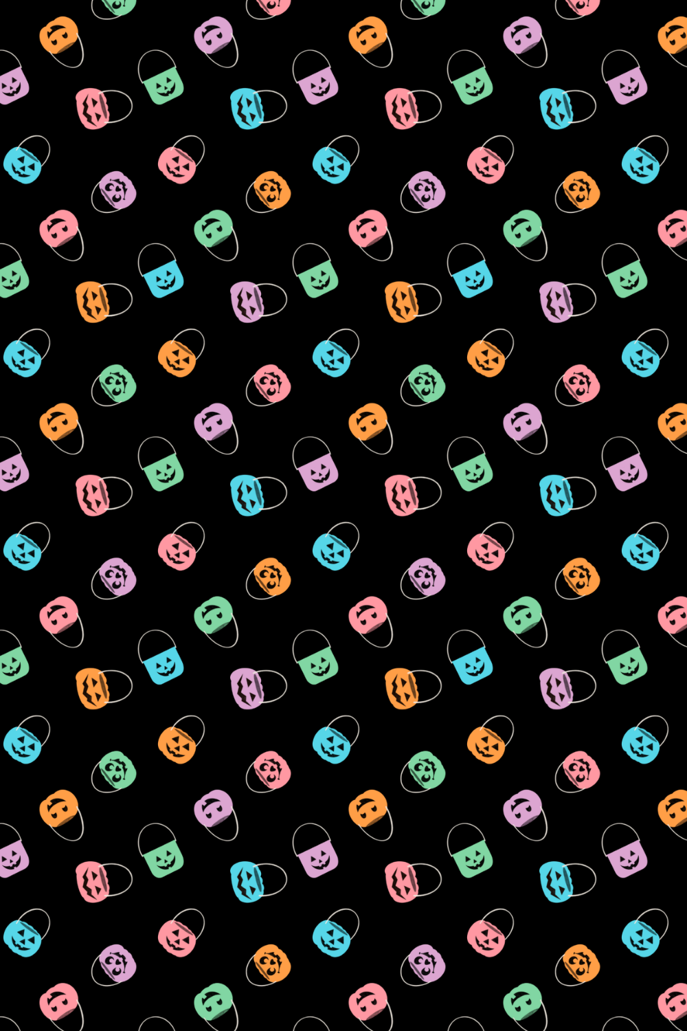 Pattern of colorful Halloween pumpkin and ghost lanterns on a black background.