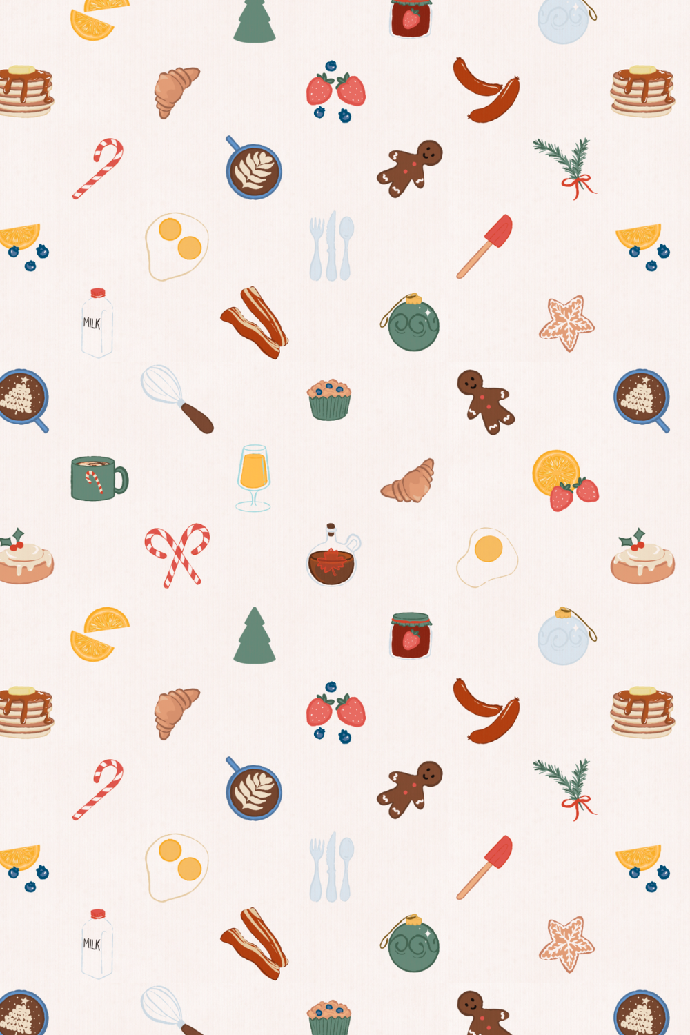 Pattern of Christmas and holiday-themed icons including gingerbread men, candy canes, oranges, blueberries, pancakes, eggs, coffee, drinks, spices, presents, and Christmas trees on a light background.