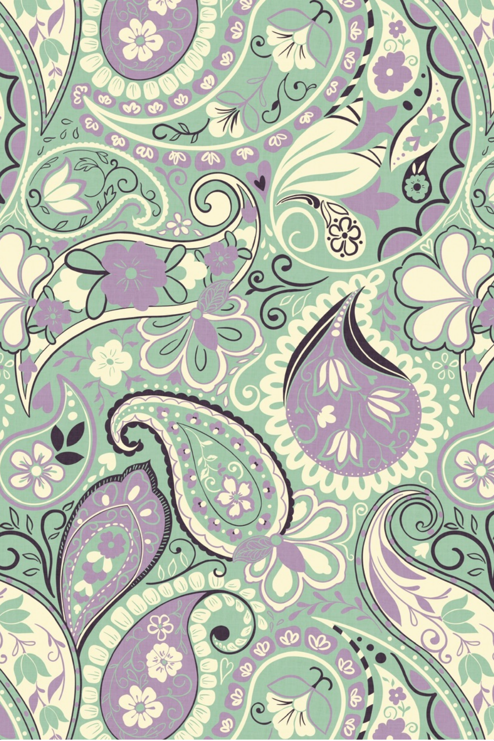 A colorful, intricate paisley pattern in shades of purple, green, black, and white with floral and leaf motifs.