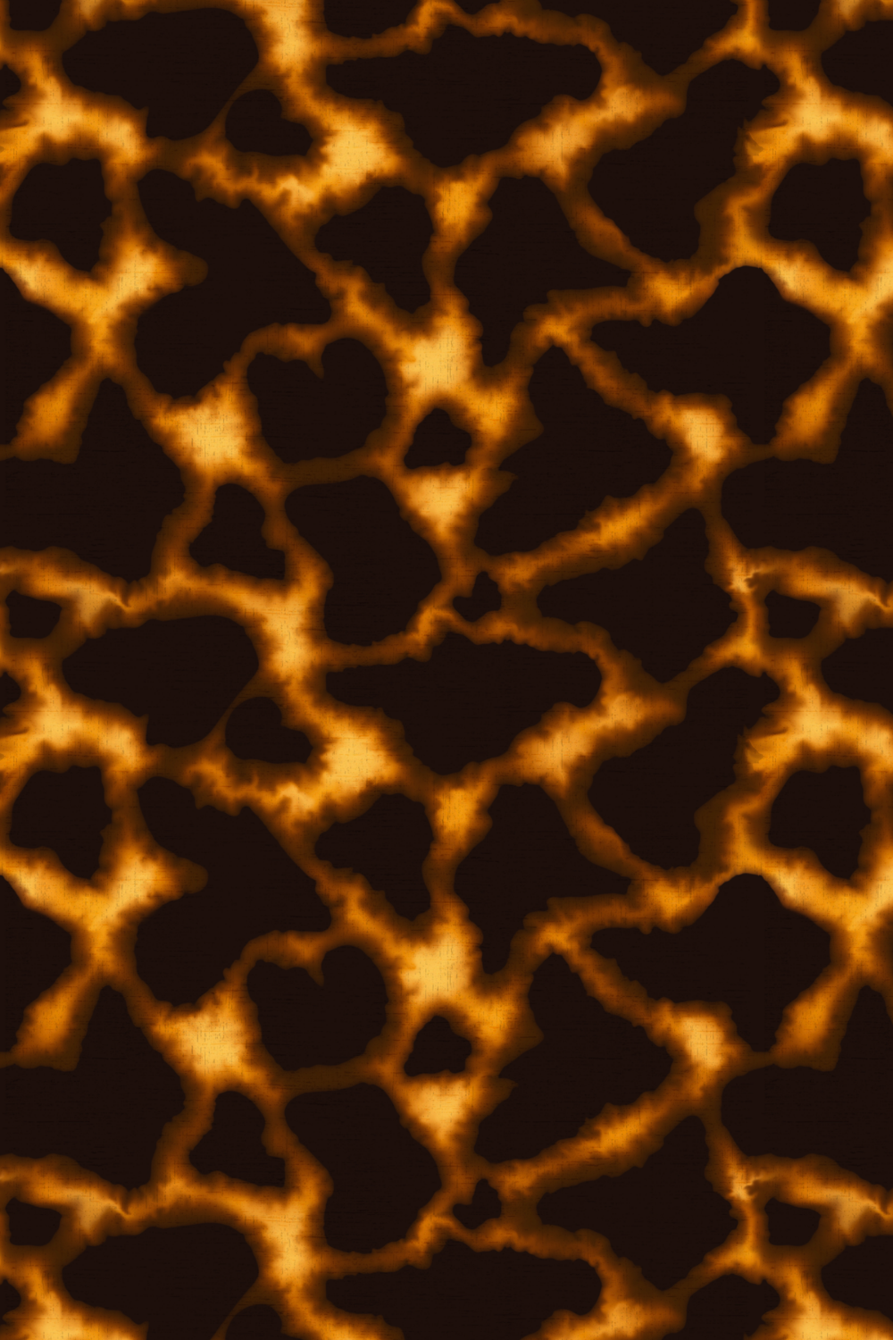 A close-up of a tortoise shell patterned, showing irregular patches of brown and orange with dark outlines.