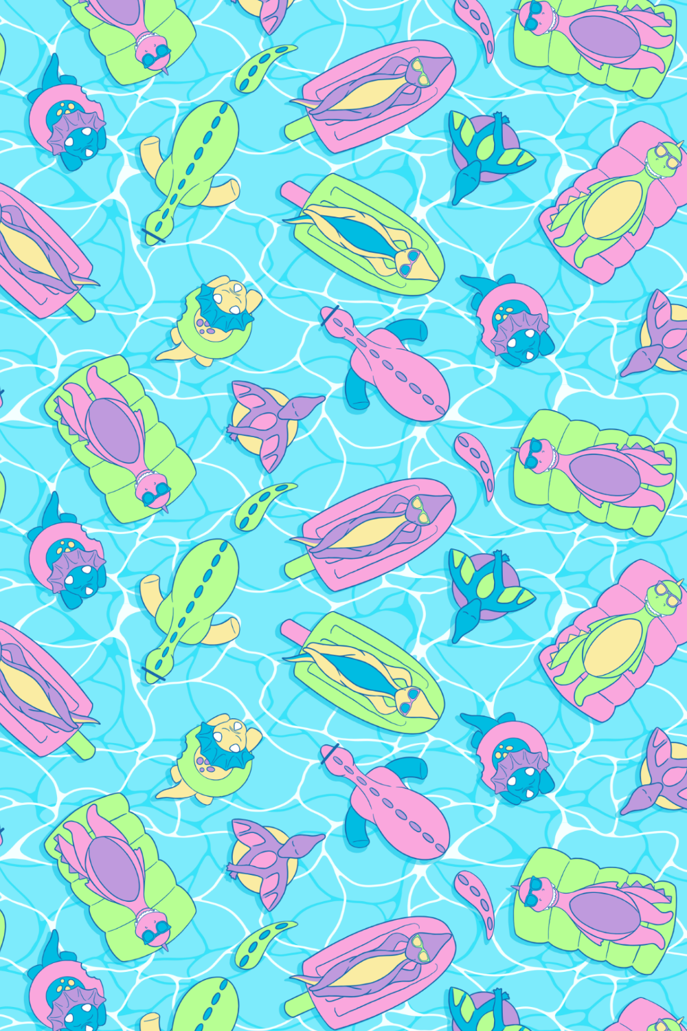 Colorful cartoon pool scene with various animals relaxing on pool floats, including turtles, crocodiles, and ducks, on a bright blue water background.