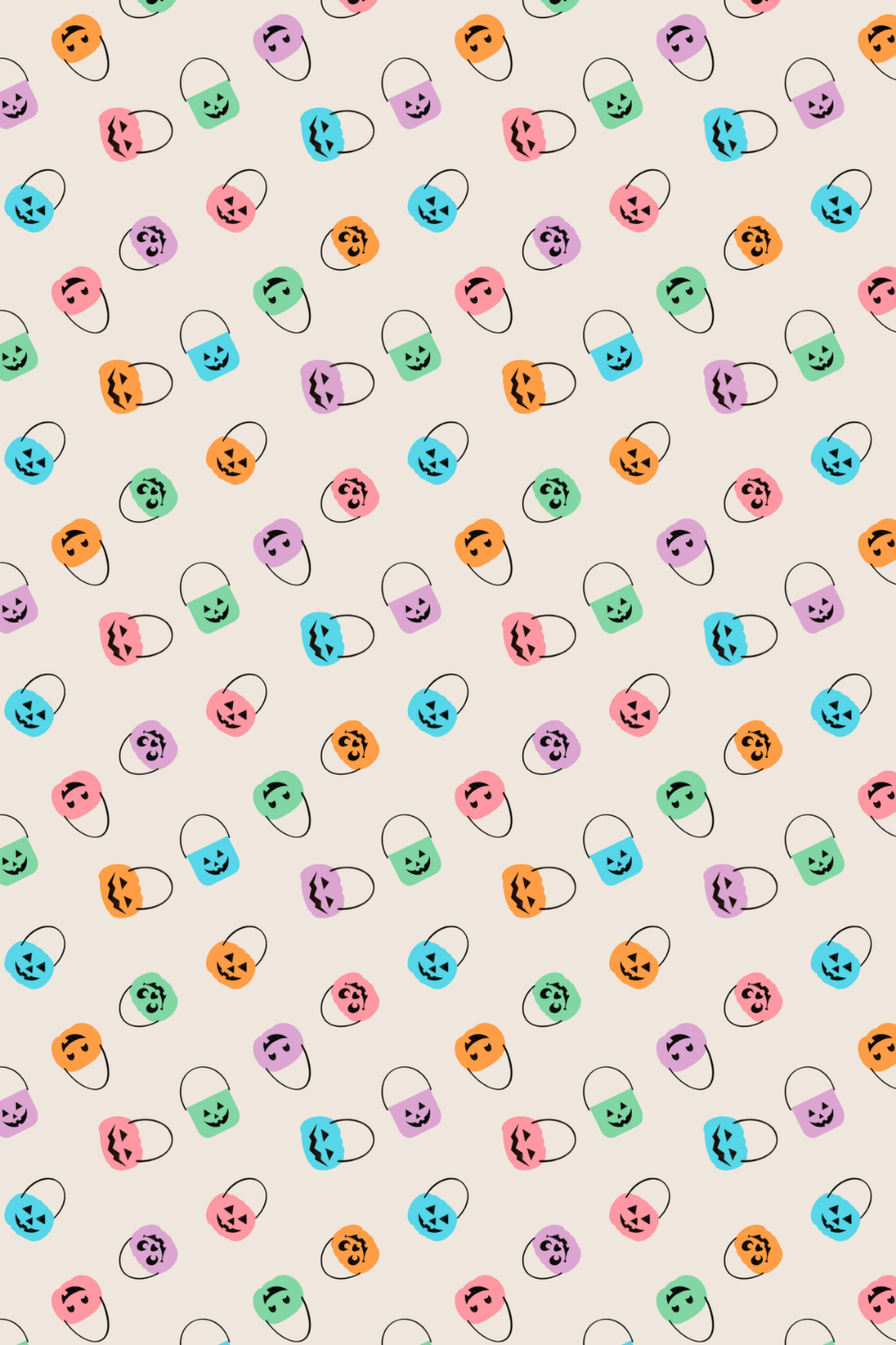 Pattern of colorful Halloween-themed buckets with faces and handles arranged in a repeating pattern on a light background.