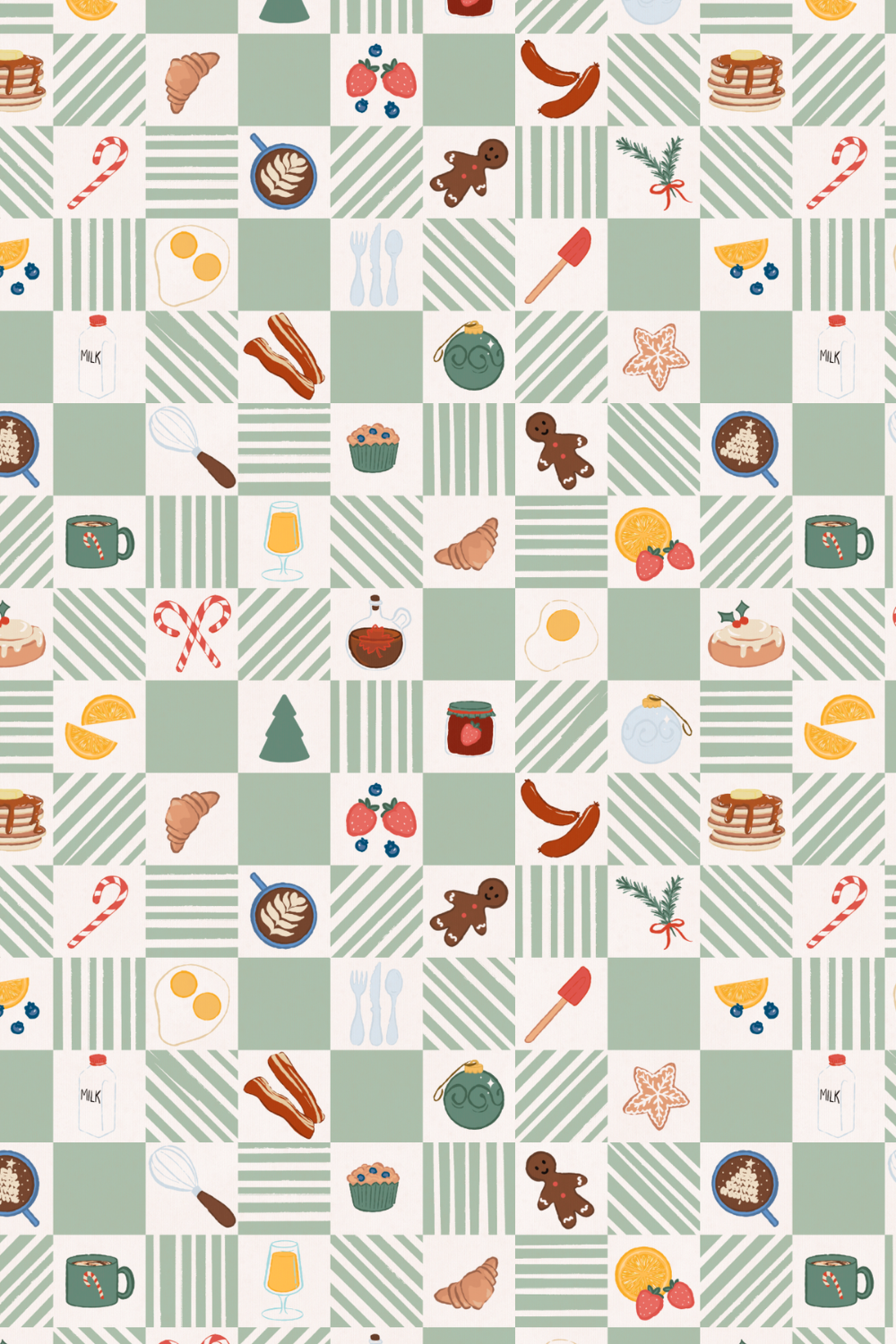 Pattern with holiday-themed food and drink icons, including pancakes, croissants, coffee cups, eggs, bacon, cupcakes, cookies, candy canes, strawberries, oranges, blueberries, jam, mug with peppermint, and holiday decorations like mistletoe and pine 