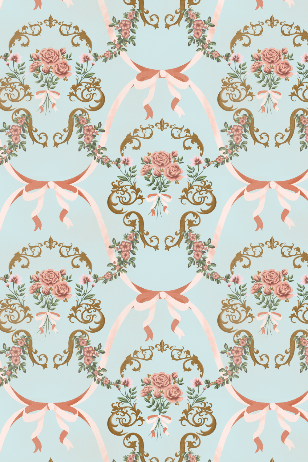 A seamless pattern featuring pink roses, greenery, and ornate gold scrollwork tied with pink ribbons on a light blue background.