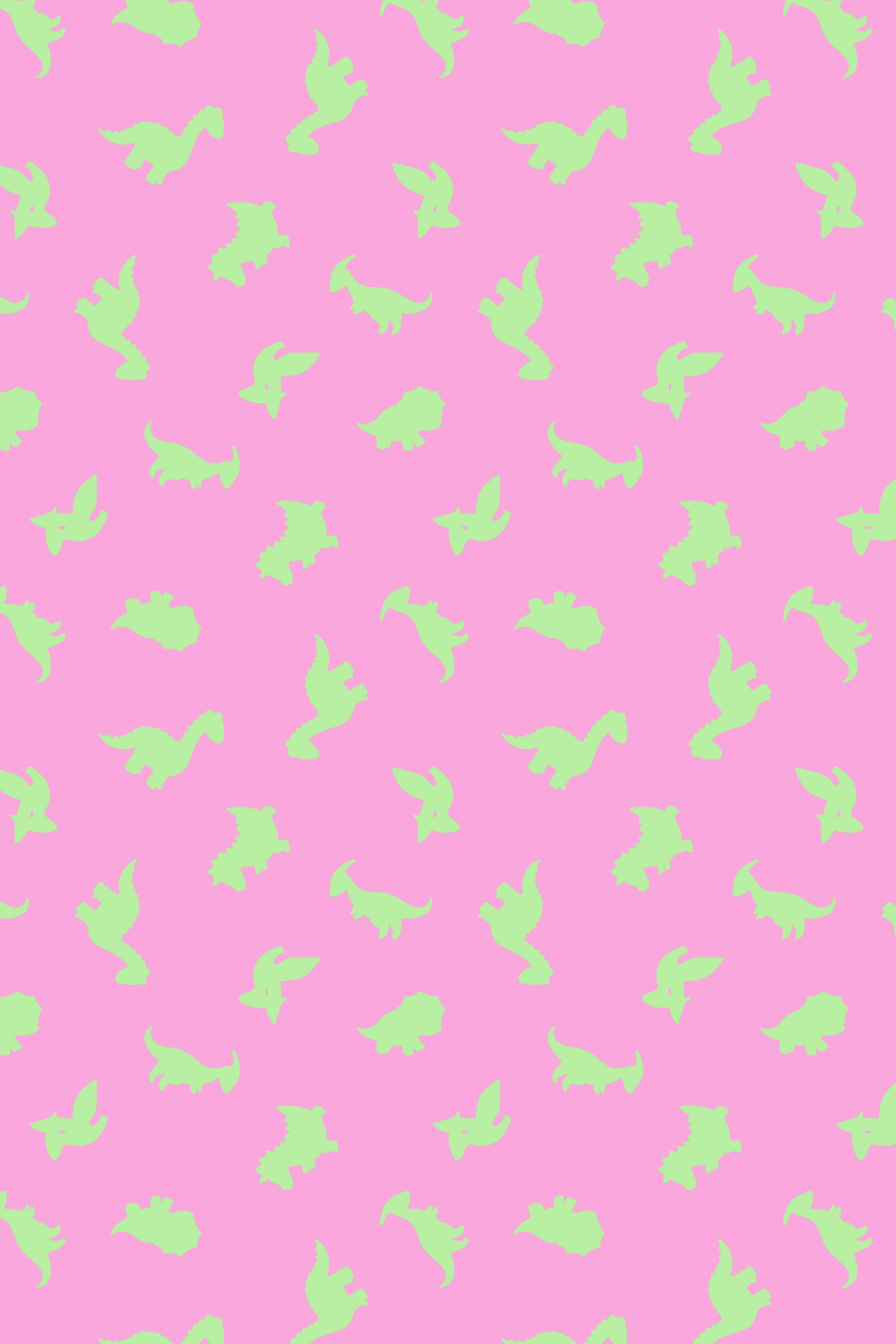 A pink background with green, dinosaur-shaped silhouettes scattered throughout.