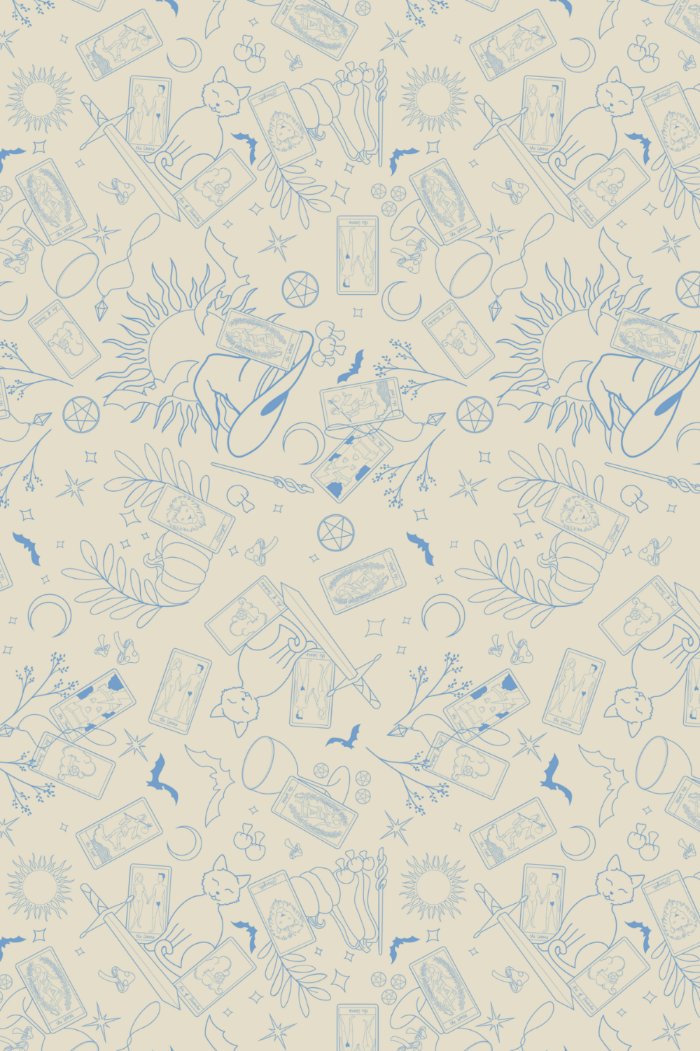 Seamless pattern featuring tarot cards, candles, a cat, moons, suns, stars, crystals, branches with berries, and bats, all drawn in a simple line art style.