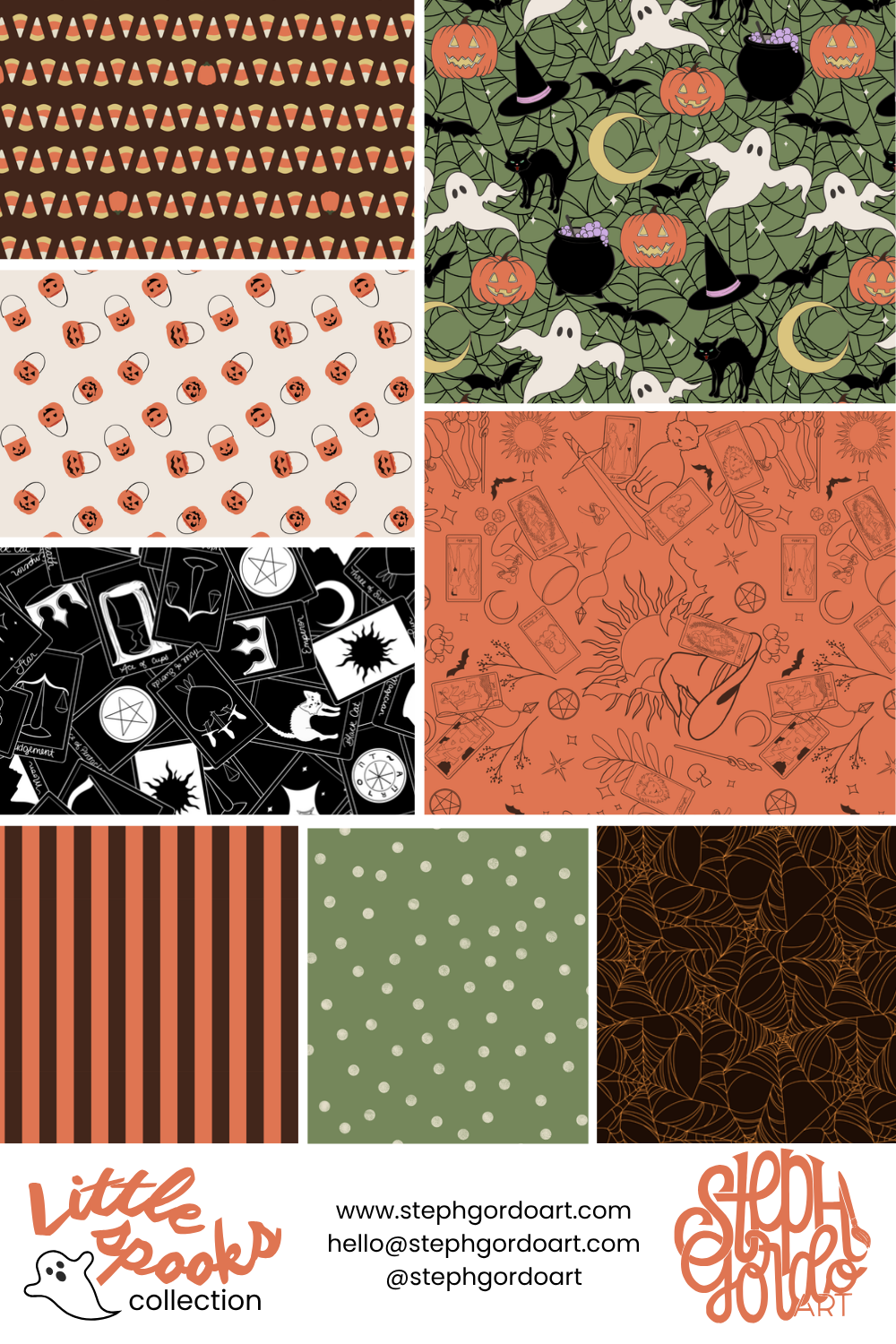 A collection of Halloween-themed patterns including candy corn, pumpkin faces, spooky ghosts, black cats, bats, witches' hats, potions, tarot cards, cobwebs, and polka dots.