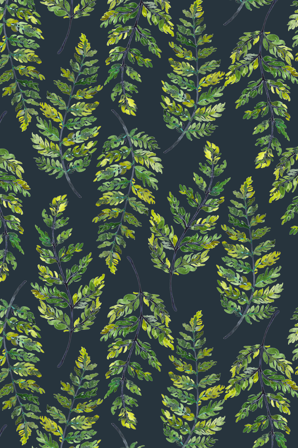 Pattern of green fern leaves on a dark background.