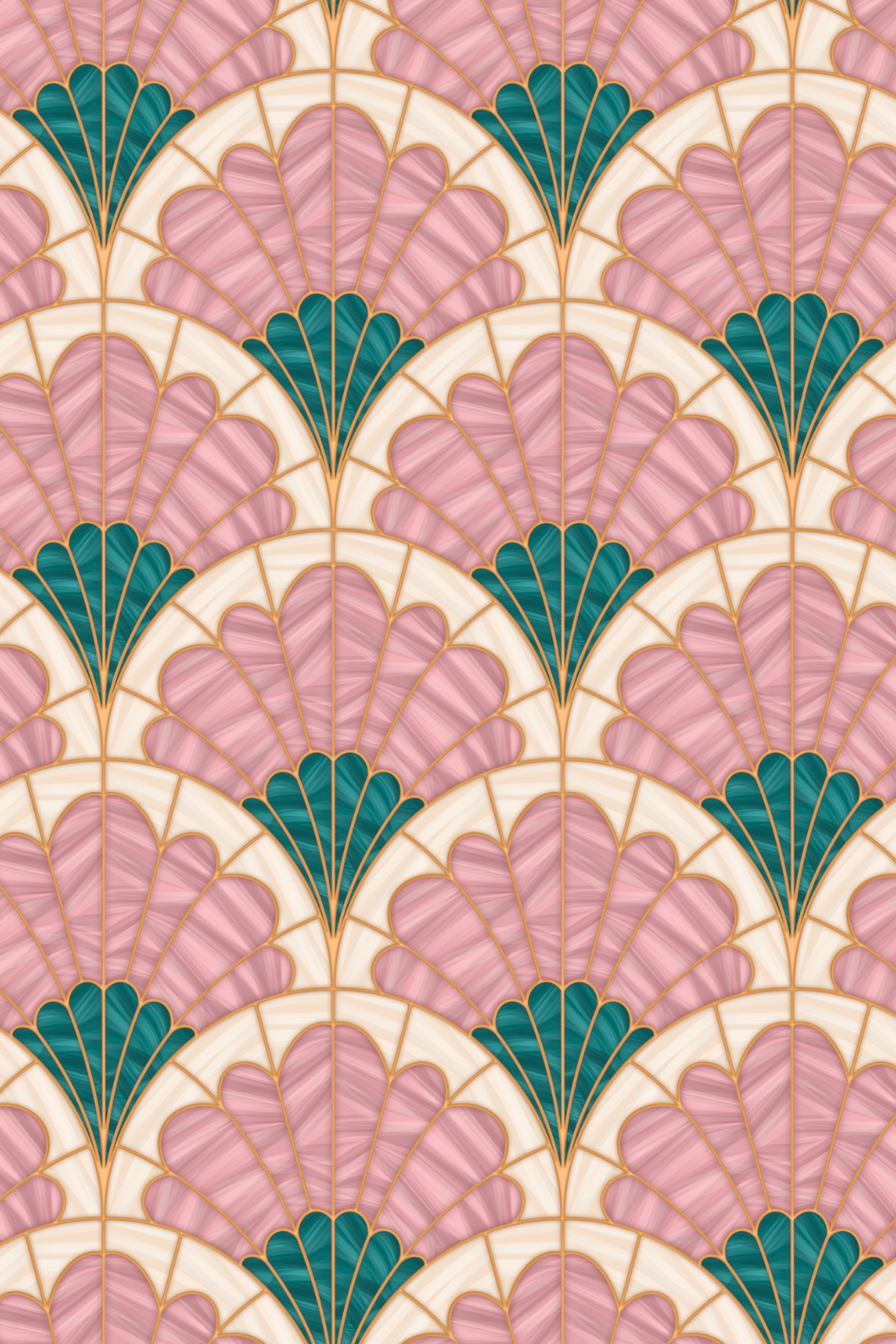 Pattern featuring pink and teal fan shapes outlined in gold, arranged in overlapping rows.